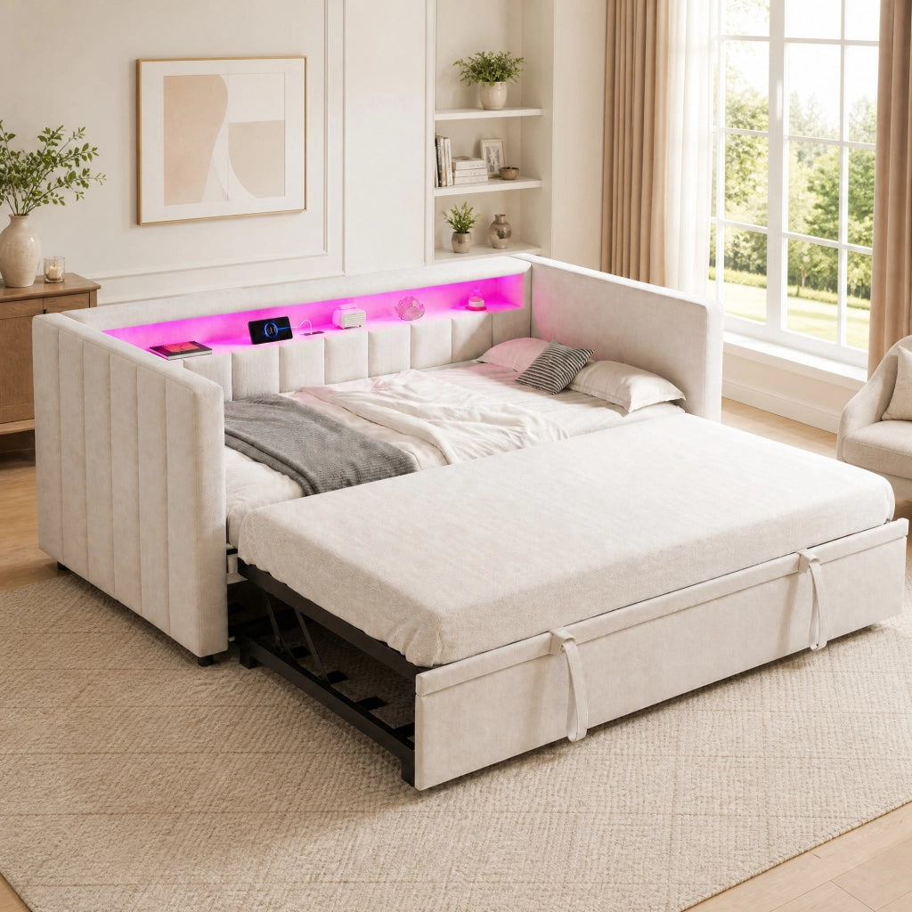 Letto estraibile 90 × 190 cm con LED; USB Type-C e vano portaoggetti; velluto beige
