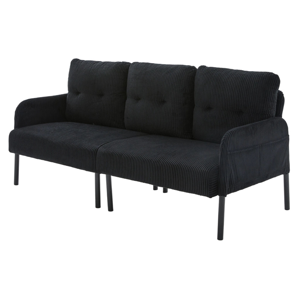 Divano 3 posti 171x72x80 cm in cord nero con tasche laterali