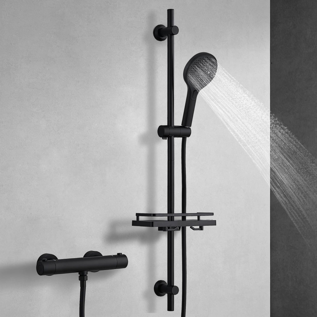 Colonna doccia termostatica, asta da 100 cm, doccetta manuale, ripiano, colore nero
