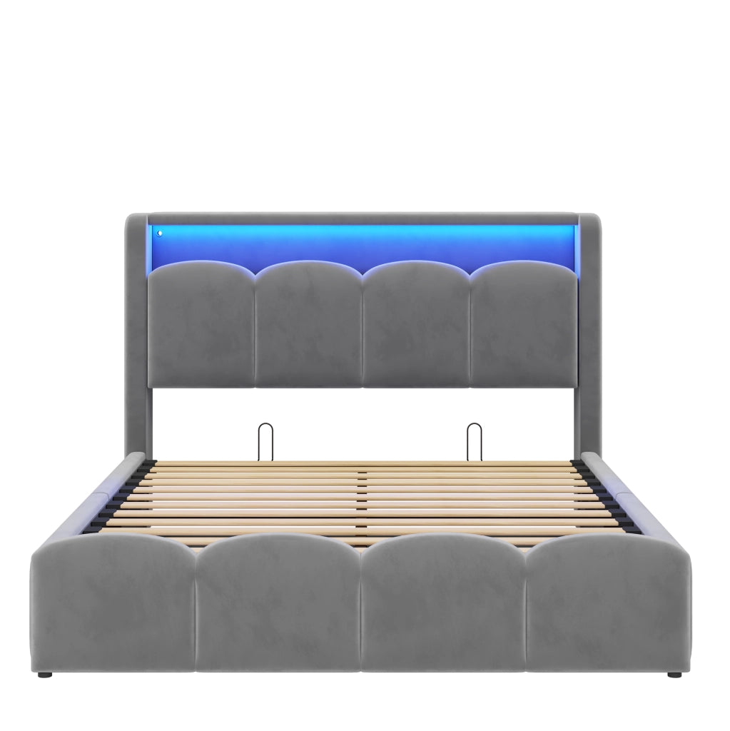 Letto imbottito 140 x 200 cm grigio con contenitore, LED e USB
