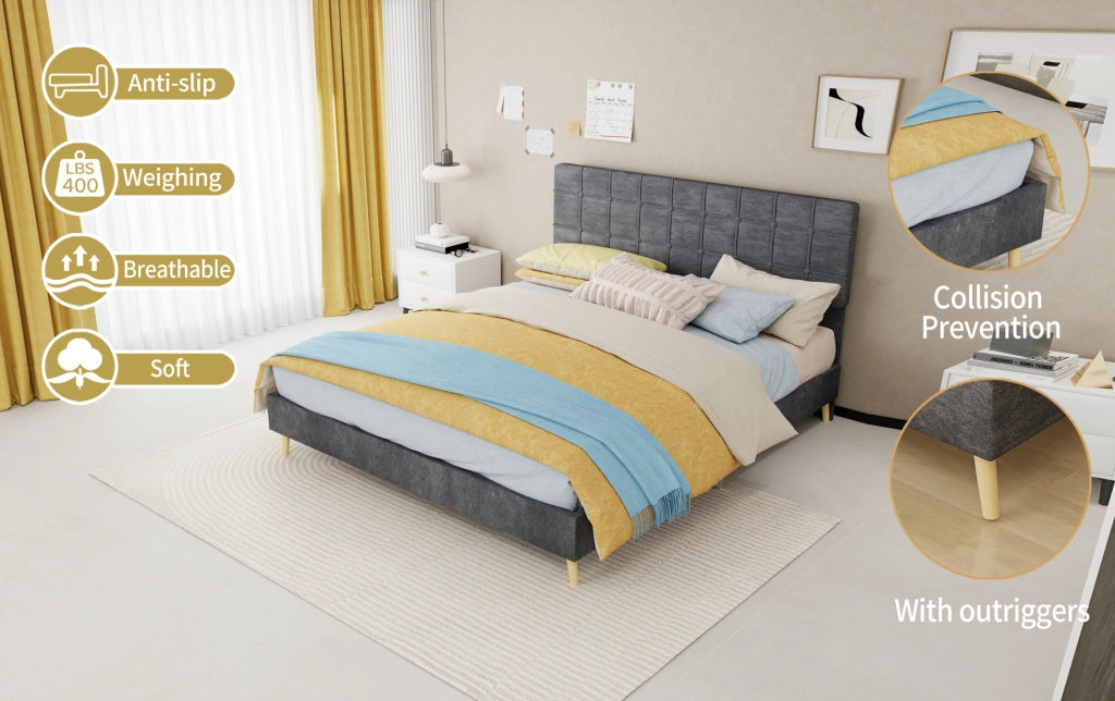 Letto matrimoniale grigio scuro in tessuto con testiera imbottita a quadri, 160x200 cm, con materasso incluso