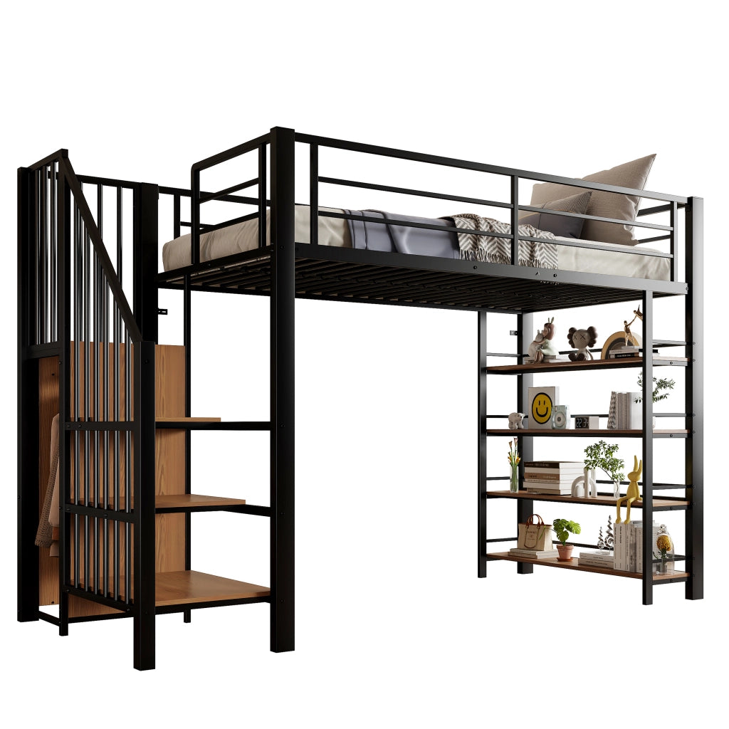 Letto a soppalco singolo 90 × 200 cm con scala contenitore guardaroba ripiani in metallo nero per bambini