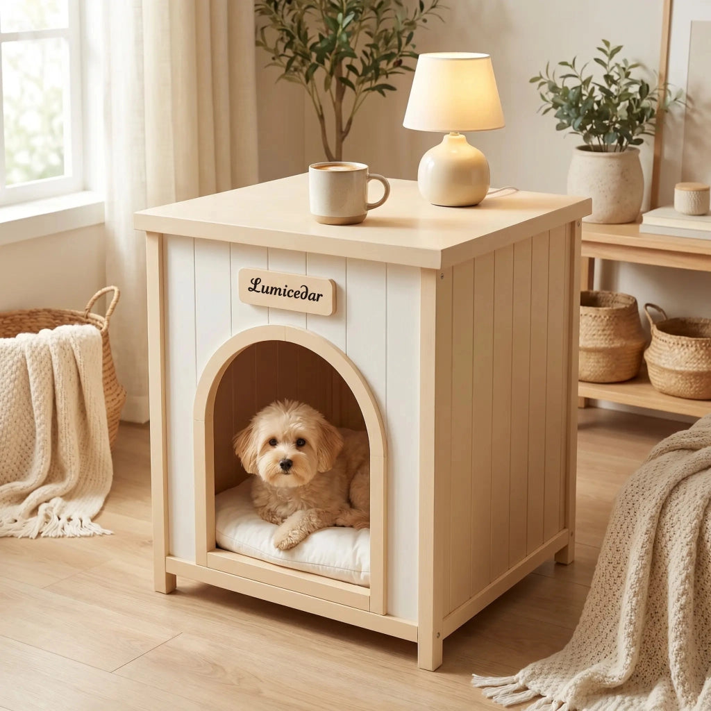 Casetta per animali in legno con cuscino lavabile, bianco crema, 64.6×57.8×20.1 cm