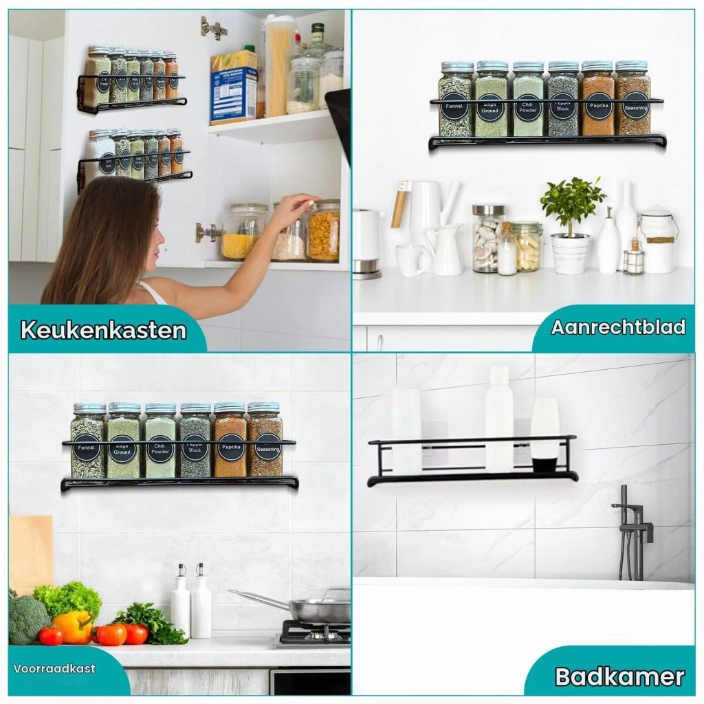 Set di 2 mensole per spezie, in metallo, da montare a parete, 29 cm, colore nero