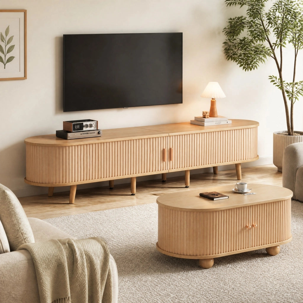 Set mobile TV e tavolino da salotto IVMEU, 170 e 100 cm, con cassetti e vani aperti, MDF color noce chiaro