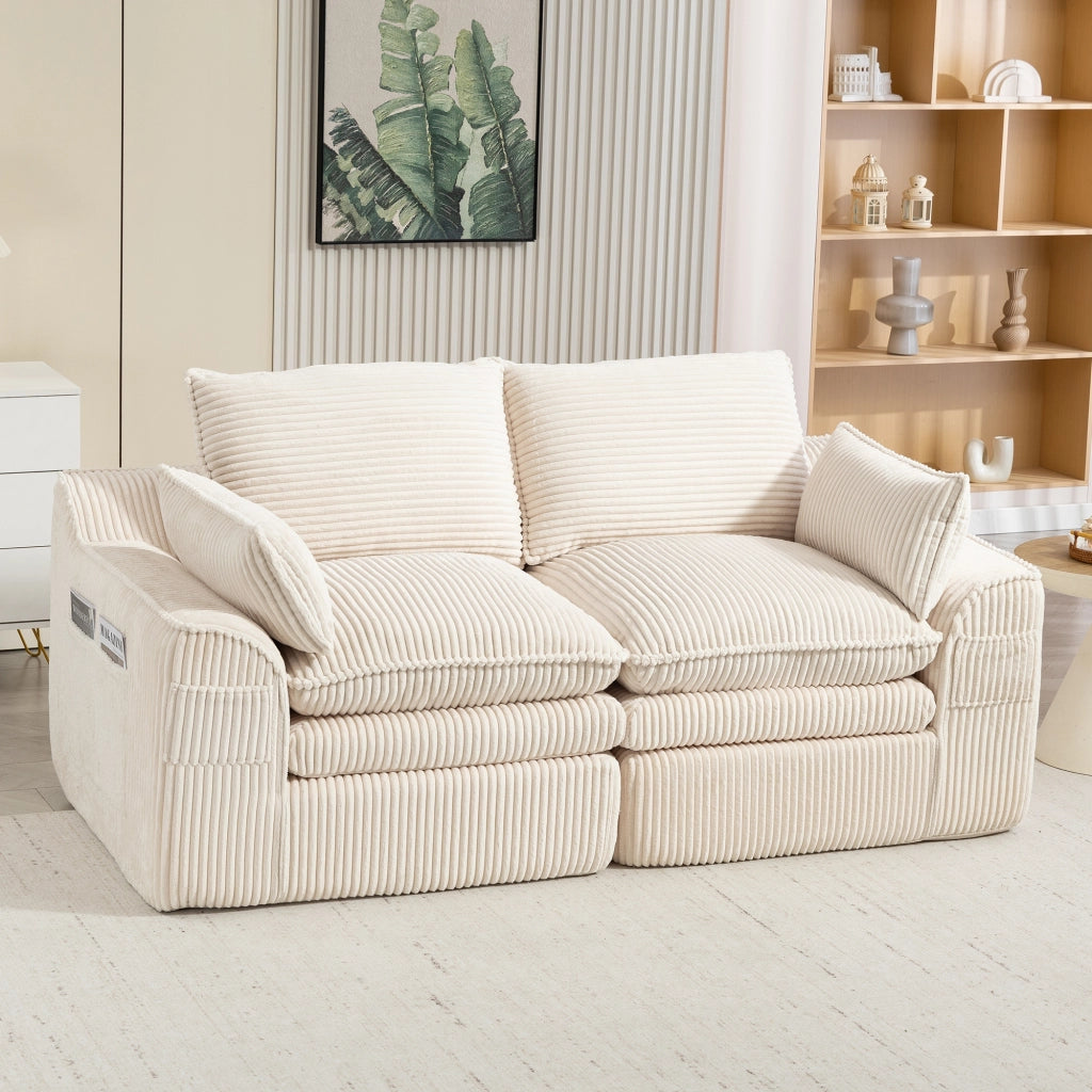 Divano 2 posti 191x94x85 cm con tasche laterali e cuscini; imbottitura a 3 strati; velluto a coste beige