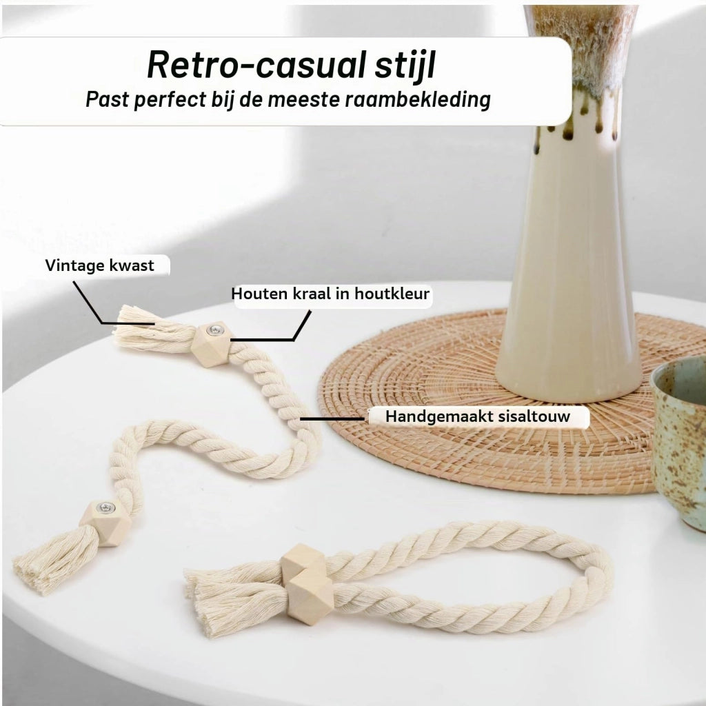 4 supporti per tende magnetici, realizzati in cotone e legno, color beige