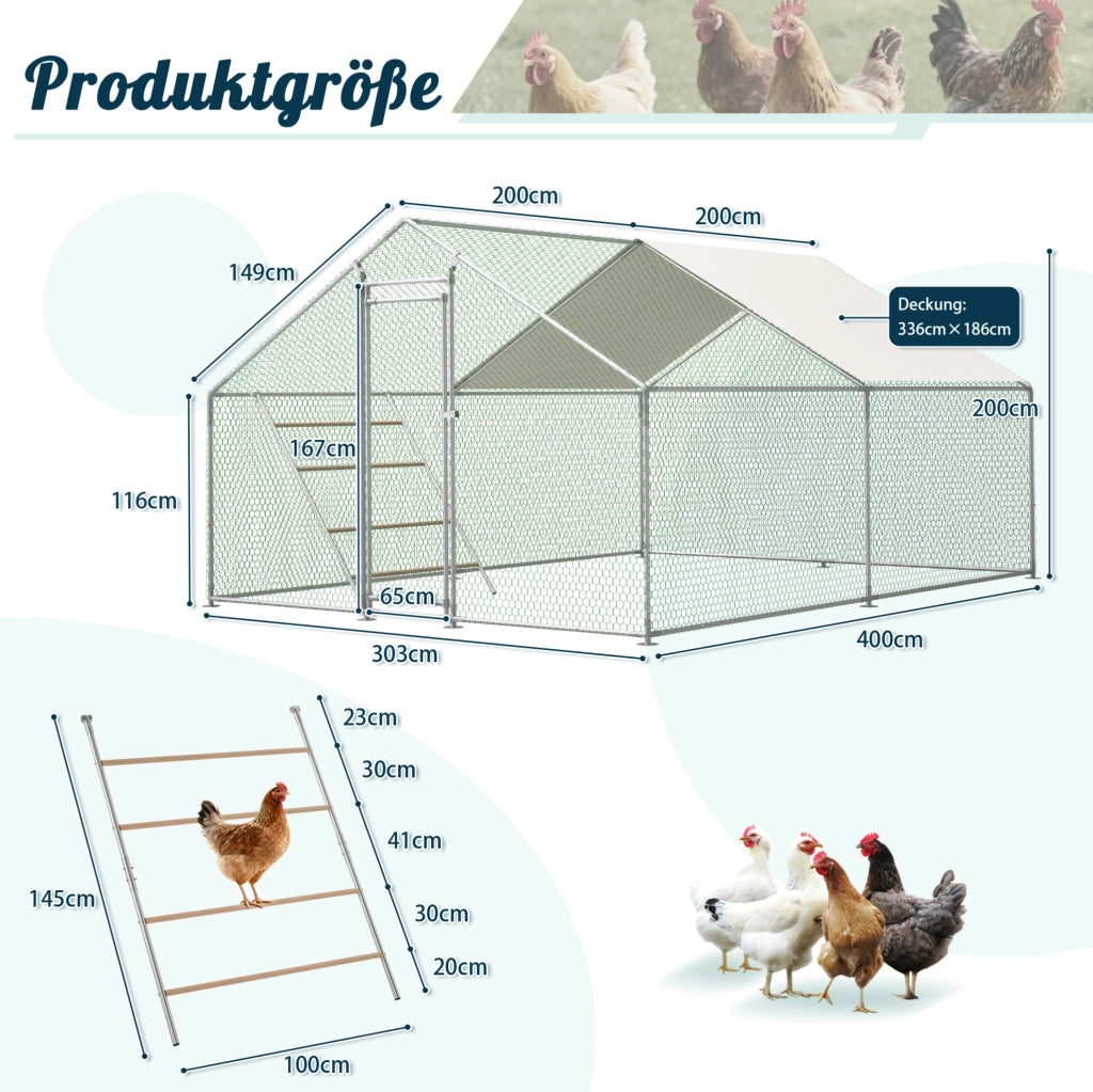 Pollaio 3 x 4 m con scaletta, telo di copertura e serratura