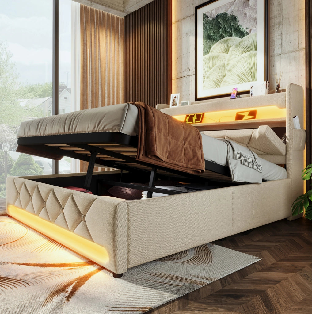 Letto matrimoniale 160 × 200 cm con contenitore idraulico; LED; USB e Type-C; lino beige