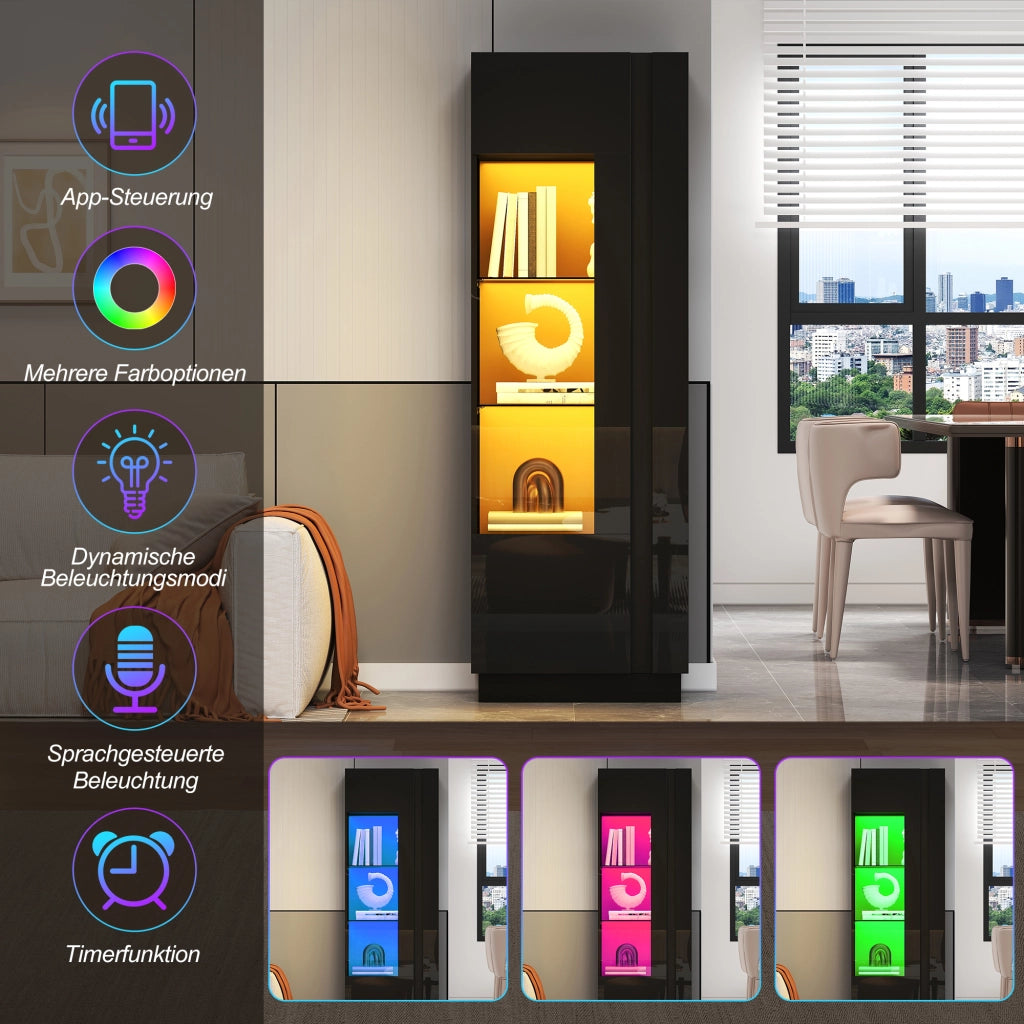 Vetrina 60 × 40 × 180 cm con LED controllato da app 5 vani porta in acrilico nera lucida con ripiani in vetro