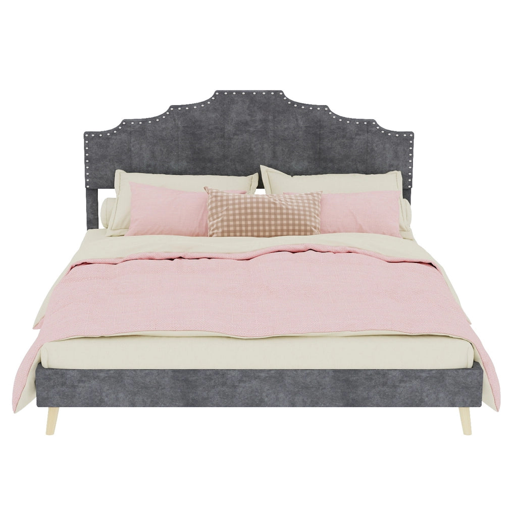 Letto moderno minimalista 160x200 cm con testiera morbida grigia e materasso incluso