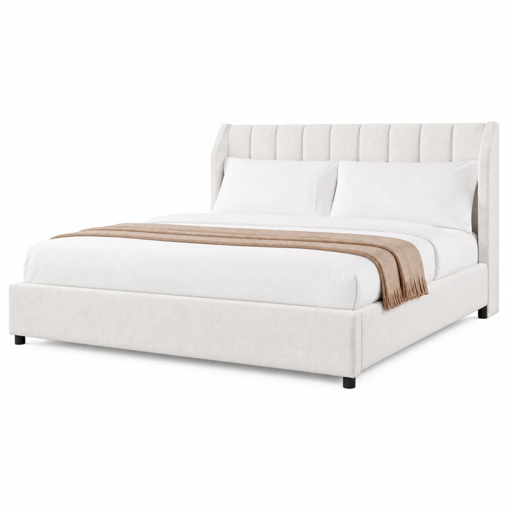 Letto imbottito beige 180 x 200 cm con rete a doghe e due cuscini