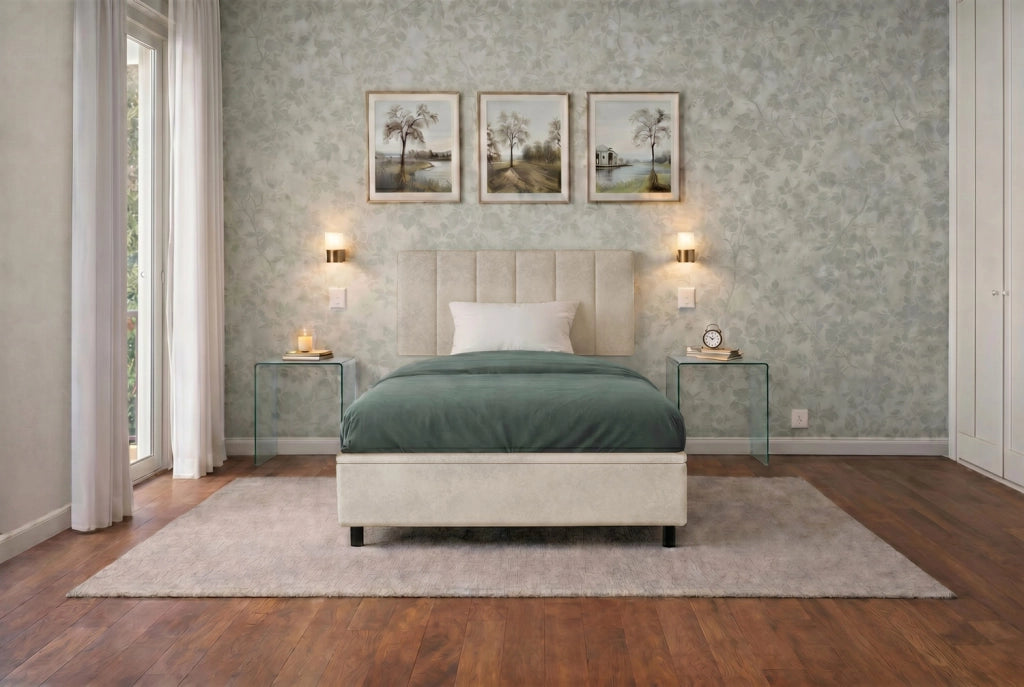 Letto Singolo Contenitore Imbottito 80x190 cm Microfibra Sabbia BoxMax Testata Vertical