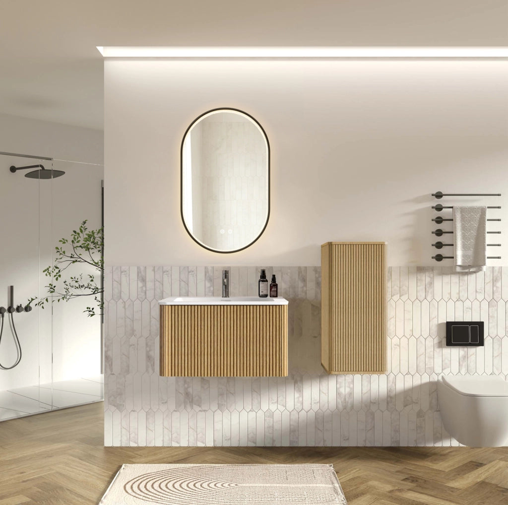 Mobile lavabo 80 cm con specchio LED e colonna, rovere bianco, stile moderno