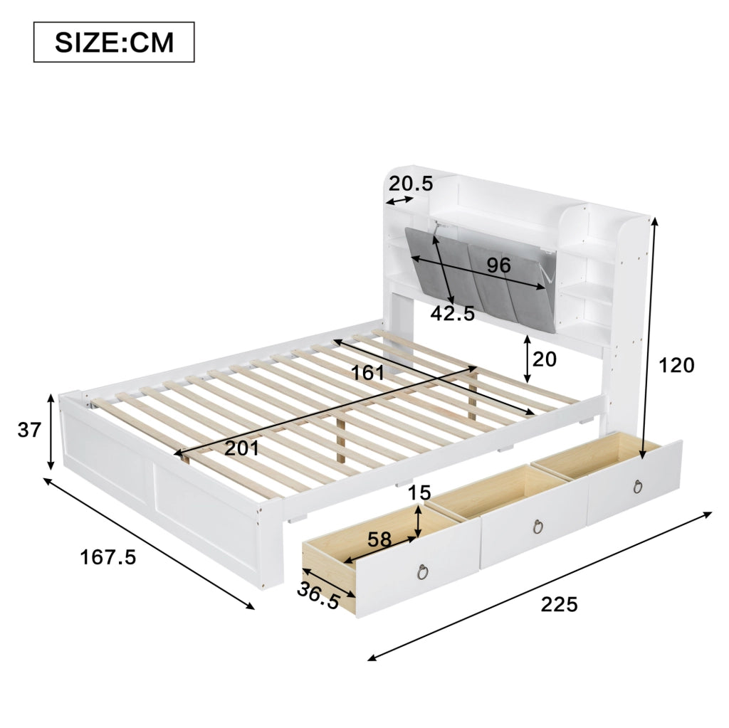 Letto matrimoniale ULEVR 160x200 cm con 3 cassetti su ruote, ripiani aperti e vano nella testiera, bianco