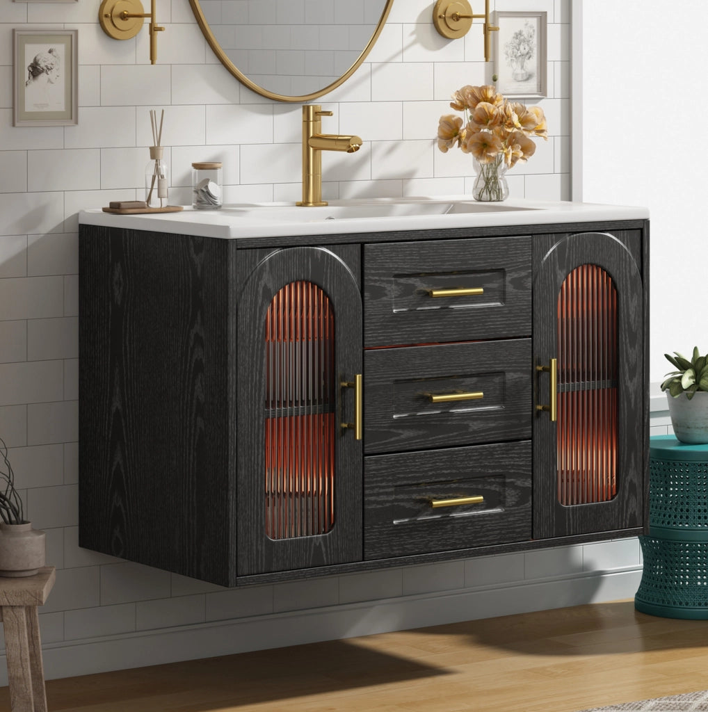 Mobile bagno sospeso 76 cm con lavabo in ceramica, finitura effetto legno nero, ante in vetro scanalato, illuminazione LED integrata