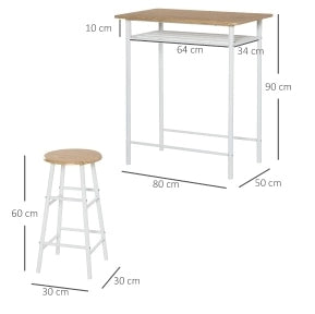 Set tavolo bar 3 pezzi con 2 sgabelli - MDF, metallo bianco e quercia, 80x50x90 cm