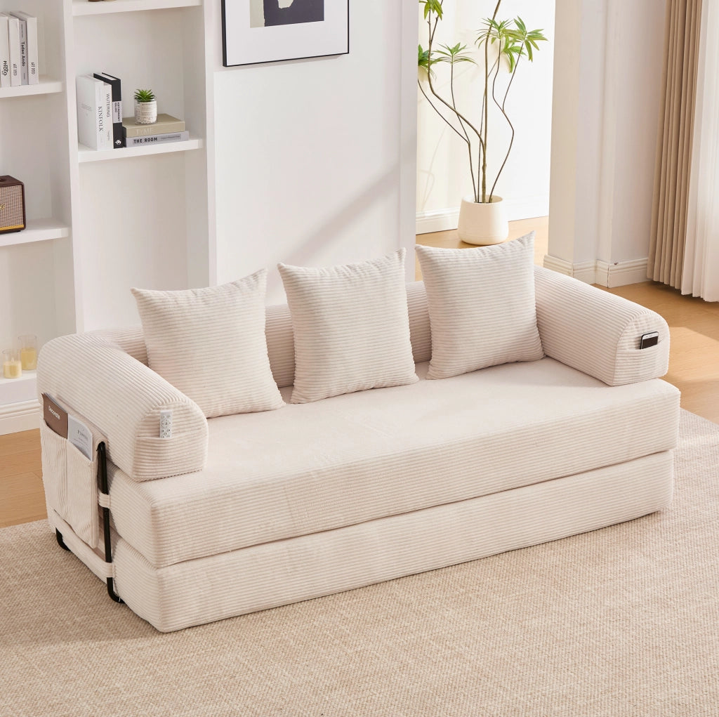 Divano modulare beige in velluto a coste con struttura in metallo e 3 cuscini