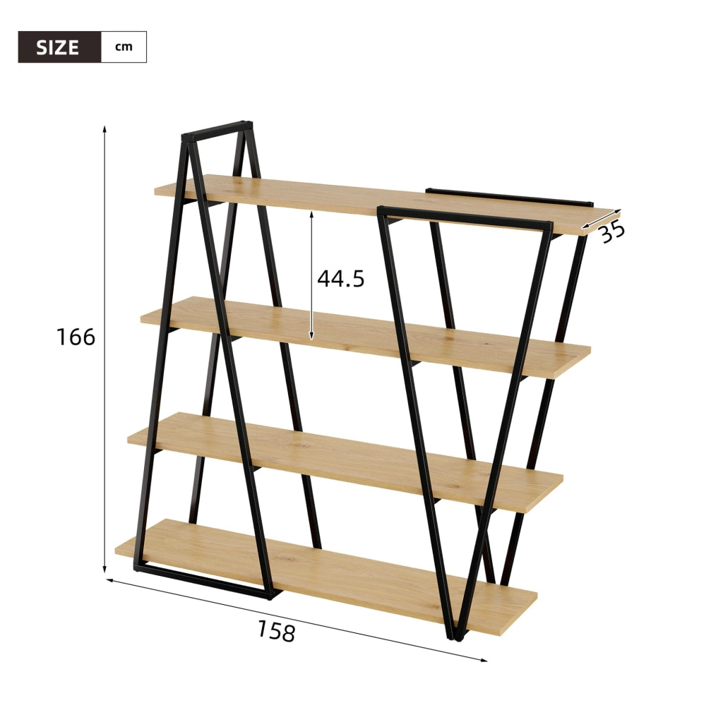 Libreria aperta geometrica 158x35x166 cm in MDF nero e legno, 4 ripiani