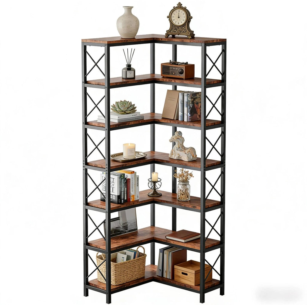 Libreria angolare 60x24x200 cm in metallo e legno nero, stile industriale