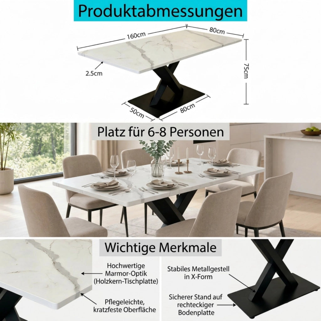 Tavolo da pranzo 160x80x75 cm per 6 persone; per cucina e soggiorno; in MDF e metallo; bianco e nero