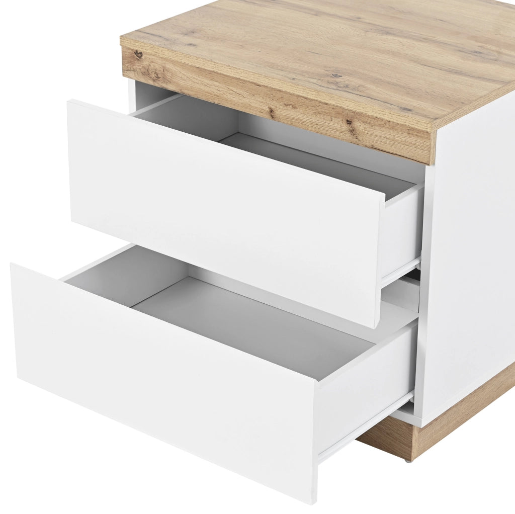 Comodino con due cassetti in truciolato E1 bianco e effetto quercia per camera da letto