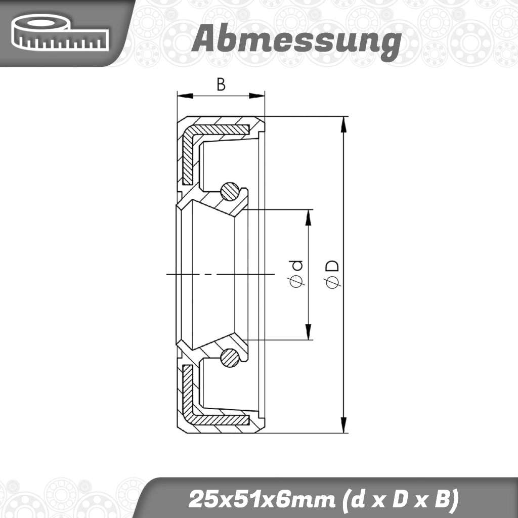 Guarnizione radiale per albero, 25x51x6 mm, in NBR, conforme alla norma DIN 3760
