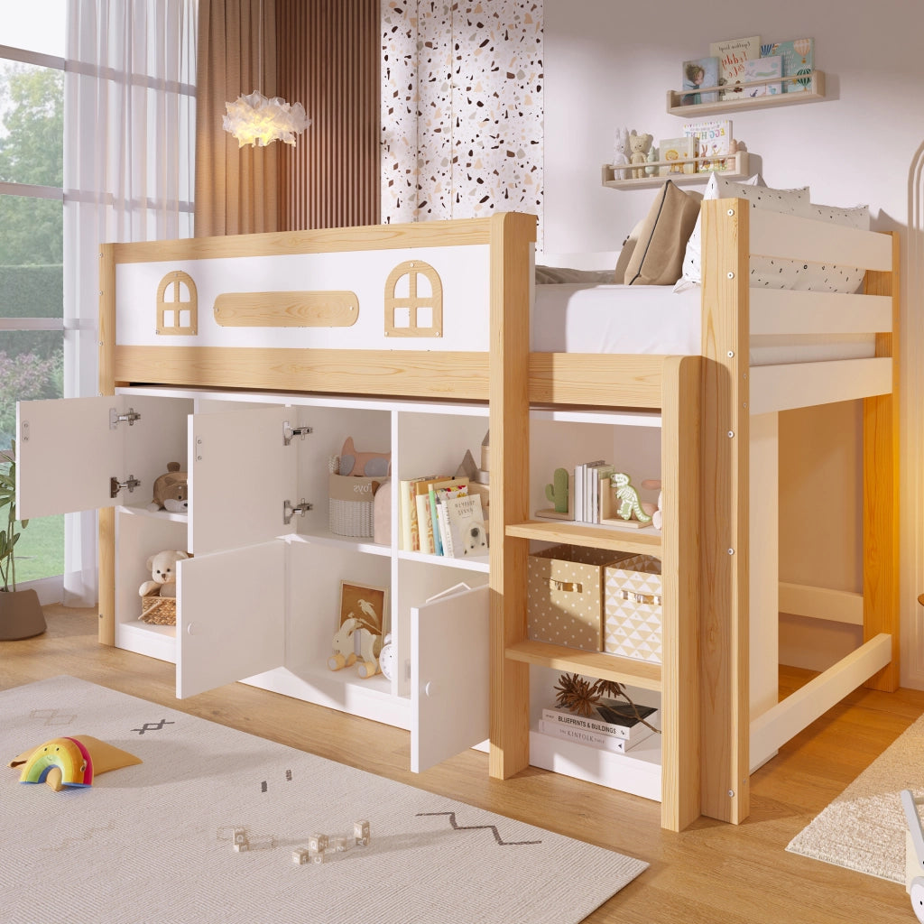 Letto a soppalco 90 × 200 cm con lavagna in legno di pino e MDF bianco naturale con scala e ripiani