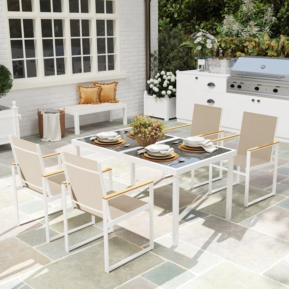 Set da Pranzo da Giardino con Tavolo Rettangolare in Vetro e 4 Sedie con Braccioli, Robusto per Esterno e Terrazzo, Multicolore