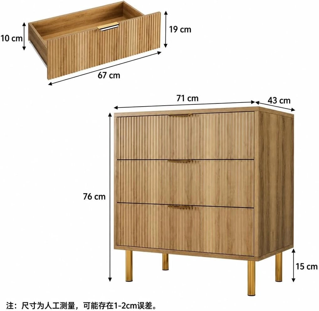 Cassettiera da camera da letto con 3 cassetti in MDF; pannelli scanalati; legno