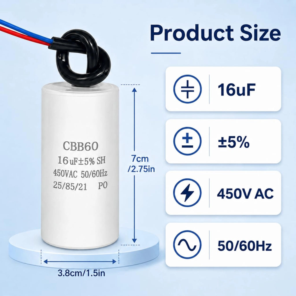 Condensatore CBB60, 16 µF, 450 V AC, per motori, dimensioni 38x70 mm