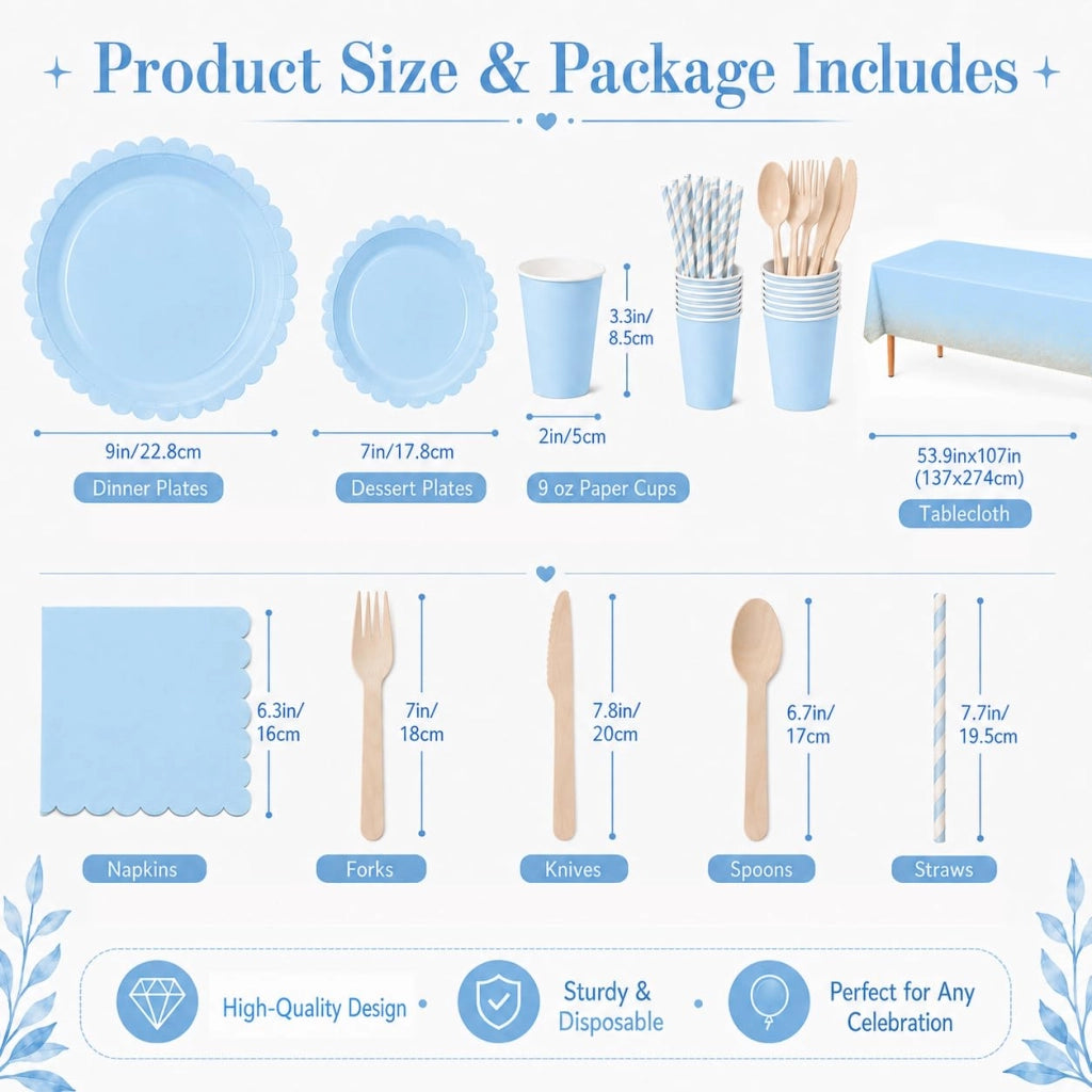 Set di stoviglie usa e getta per 16 persone, colore azzurro chiaro, 129 pezzi, in carta