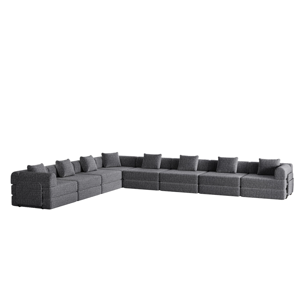 Divano letto singolo modulare con contenitore nel bracciolo e cuscini inclusi in tessuto chenille grigio