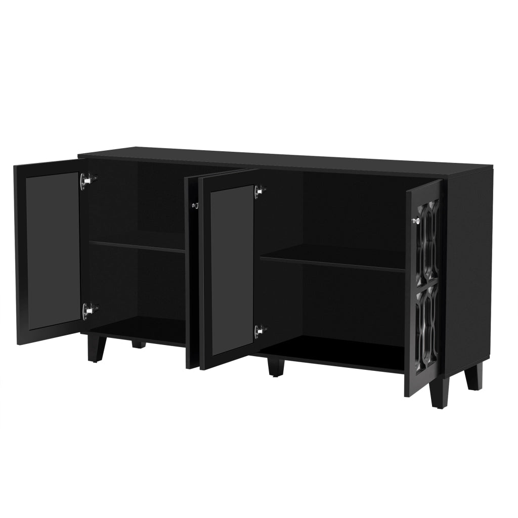 Credenza 160 × 40 × 84 cm con quattro ante due ripiani mobili in MDF nero e superficie a specchio con piedi in legno