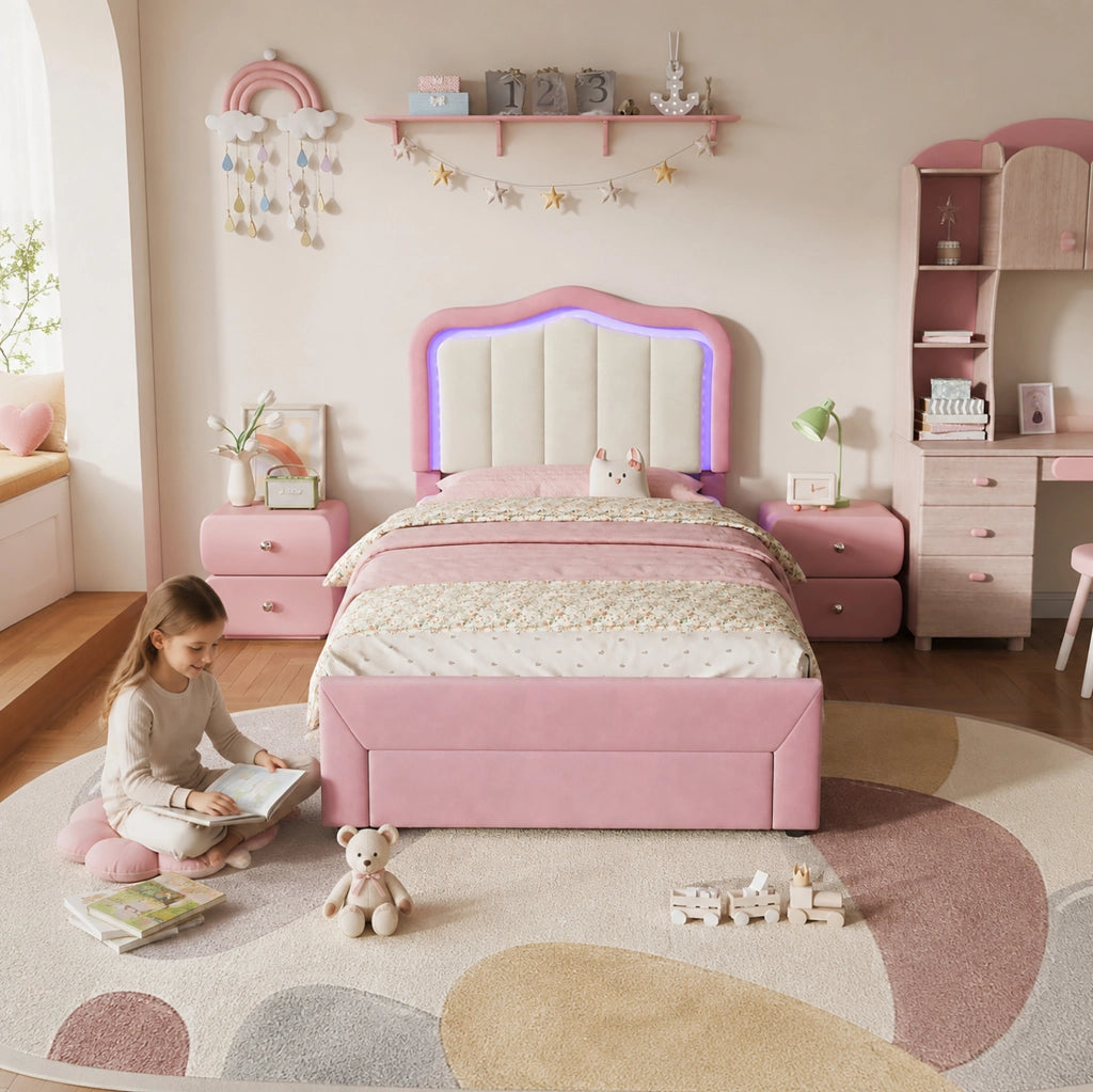 Letto singolo imbottito rosa 90 x 200 cm con cassetto e luce LED