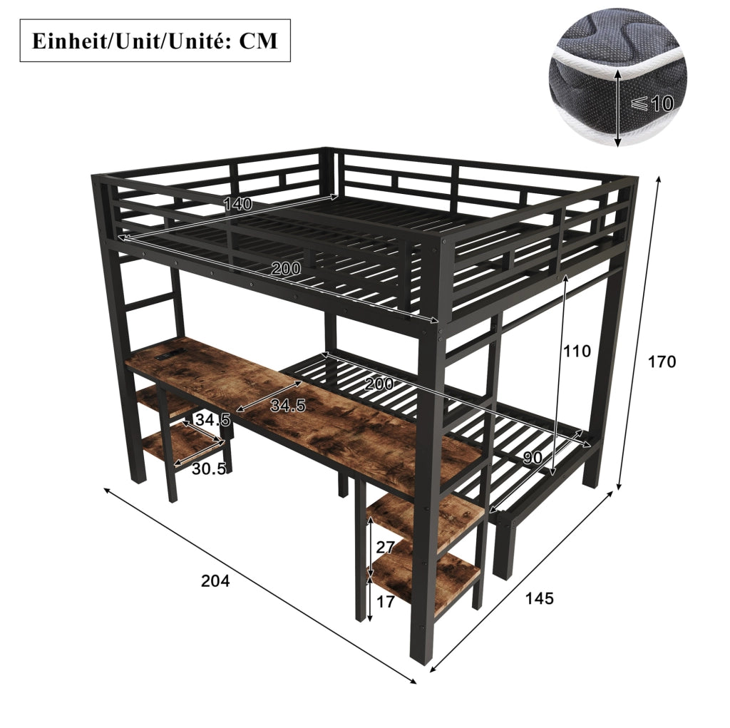 Letto a castello in metallo nero 140x200 cm + 90x200 cm con scrivania integrata, appendiabiti e doppia scala