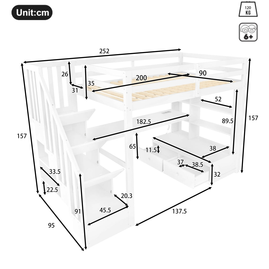 Letto a soppalco 90x200 con scrivania; scala contenitore e 2 cassetti; in pino e MDF; bianco