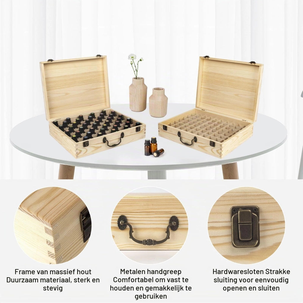 Organizzatore in legno per 80 flaconi di oli essenziali, dimensioni 35,5 x 28 x 9,5 cm