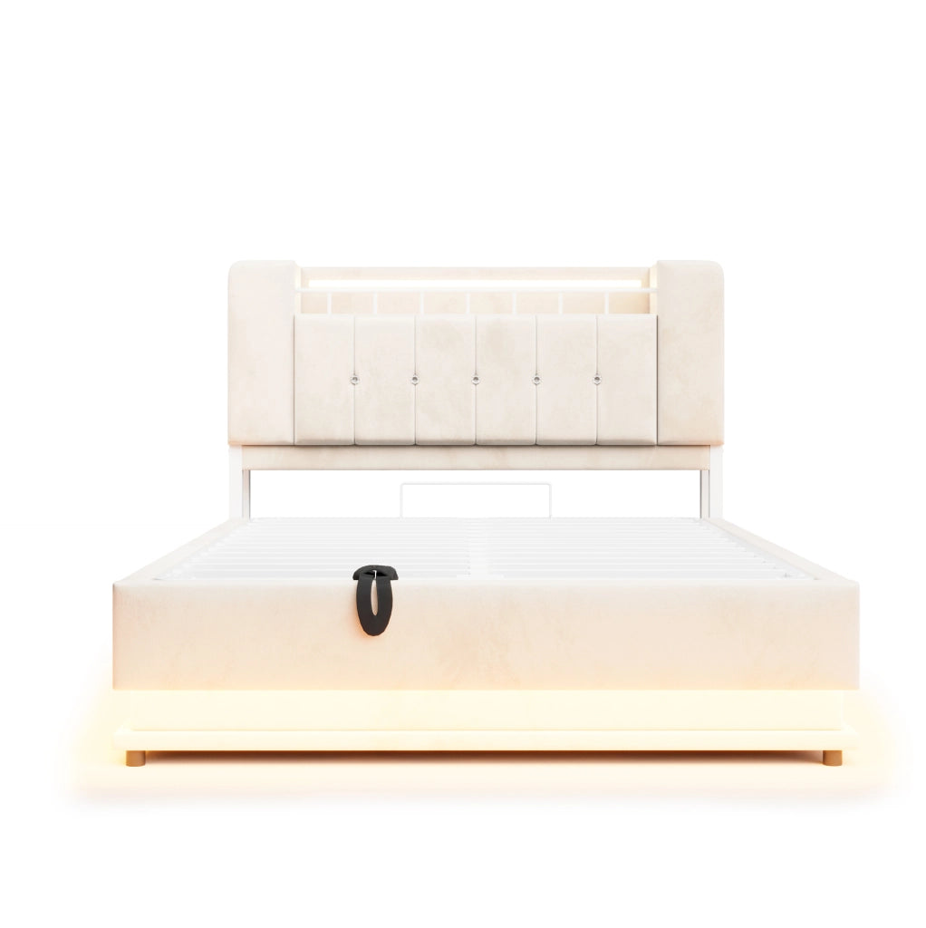 Letto imbottito beige 140 x 200 cm con LED, USB e contenitore idraulico