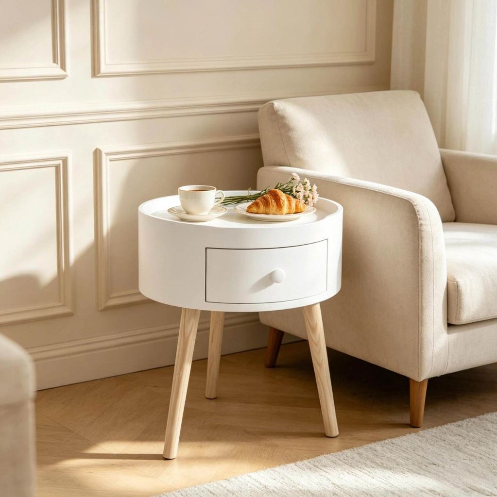 Comodino rotondo con cassetto in legno chiaro e bianco