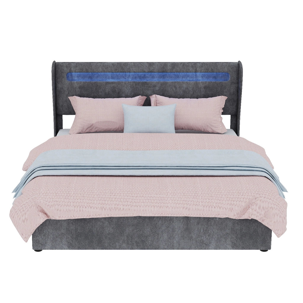 Letto imbottito 160 x 200 cm grigio con LED multicolore e schienale regolabile