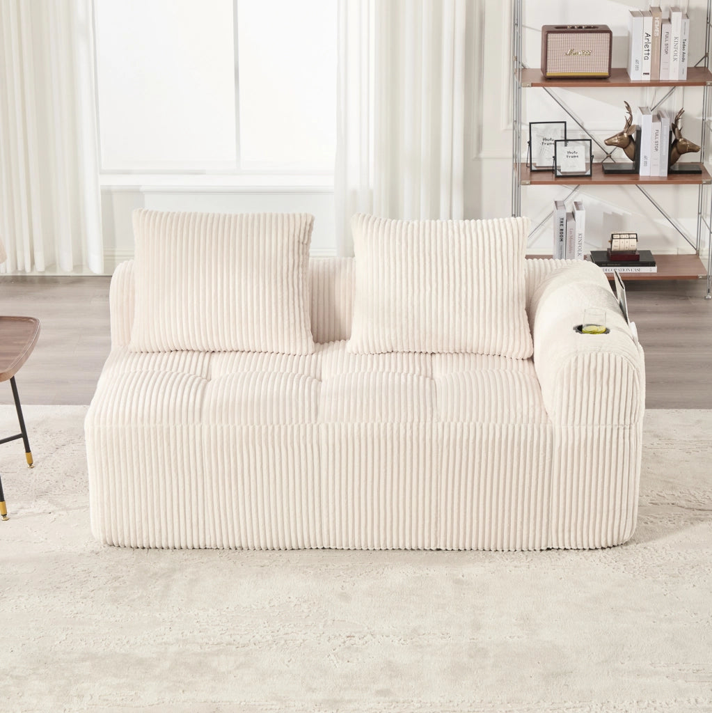 Divano 2 posti 158x93x61 cm in velluto a coste beige con tasche laterali e portabicchiere