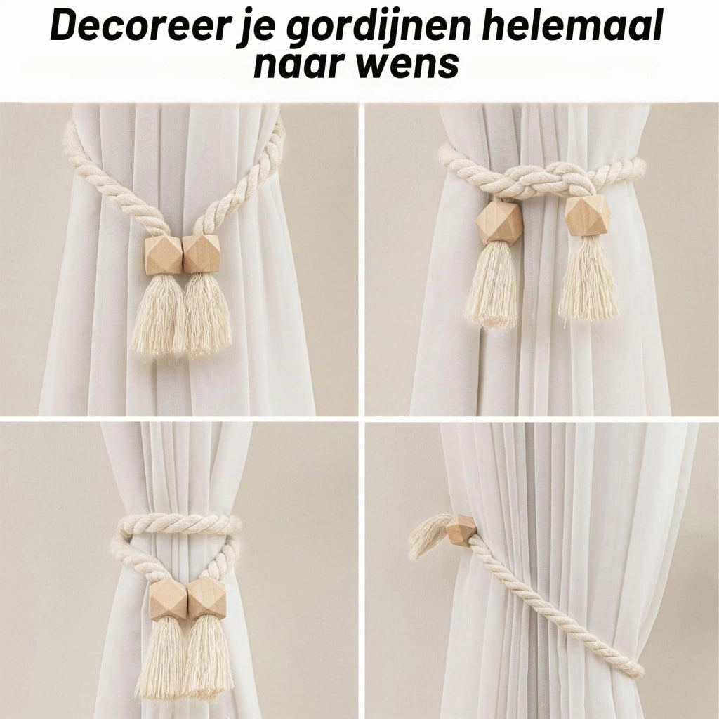 4 supporti per tende magnetici, realizzati in cotone e legno, color beige