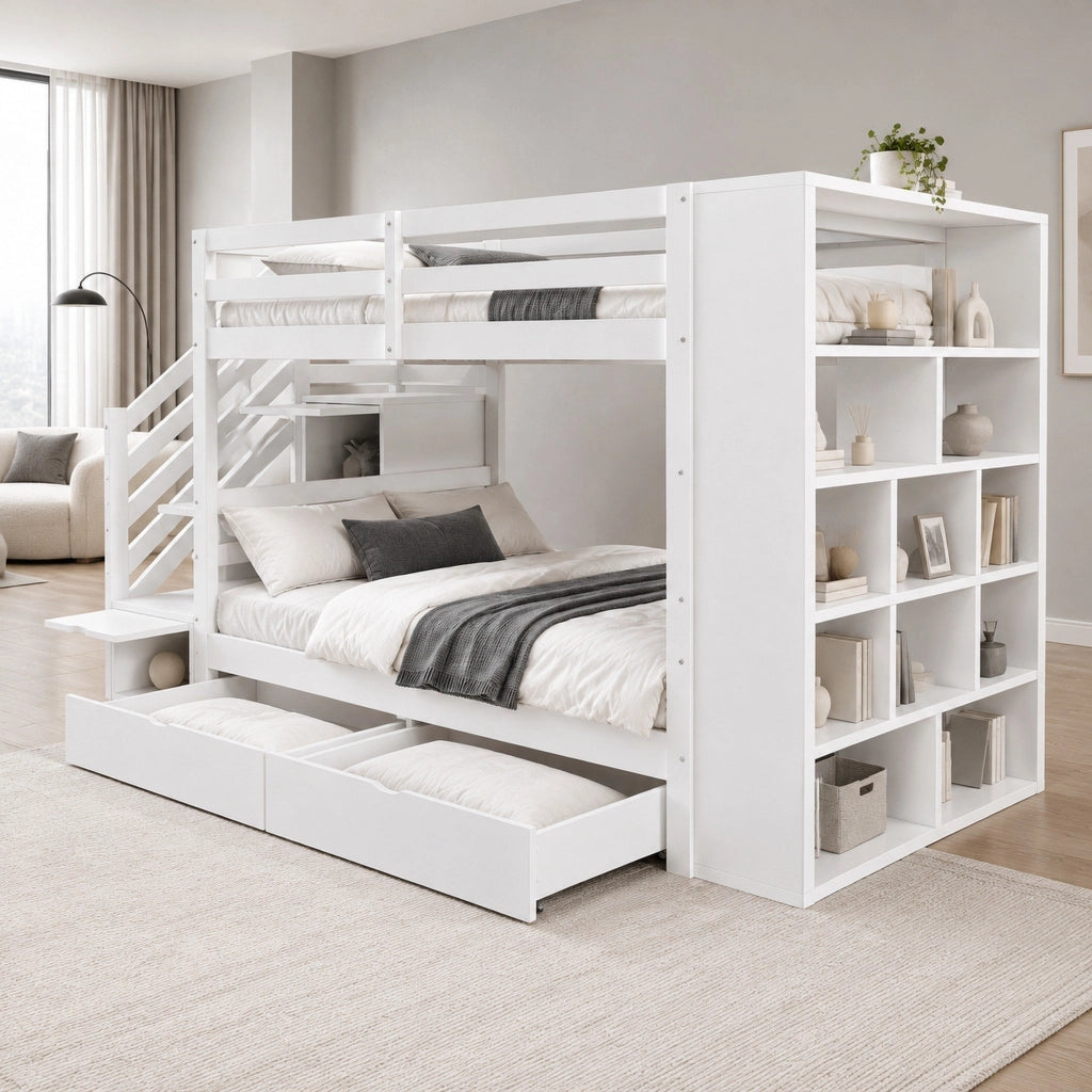 Letto a castello 90x200 bianco in pino con contenitori e 2 materassi