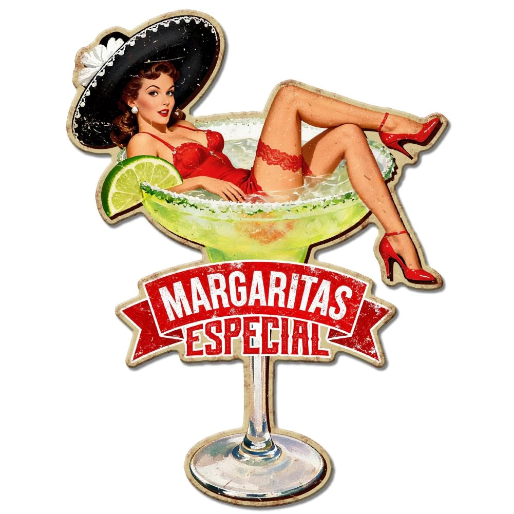 Sottobicchiere in metallo a forma di cocktail Margarita, dimensioni 27x20,8 cm, stile vintage con immagine di una pin-up