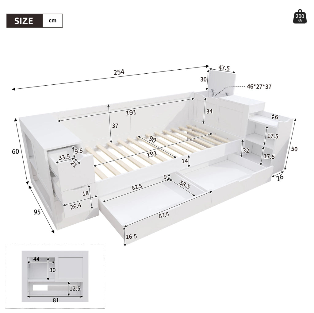 Letto singolo per bambini con cassetti e spazio contenitore, 90 x 190 cm, bianco, materasso non incluso