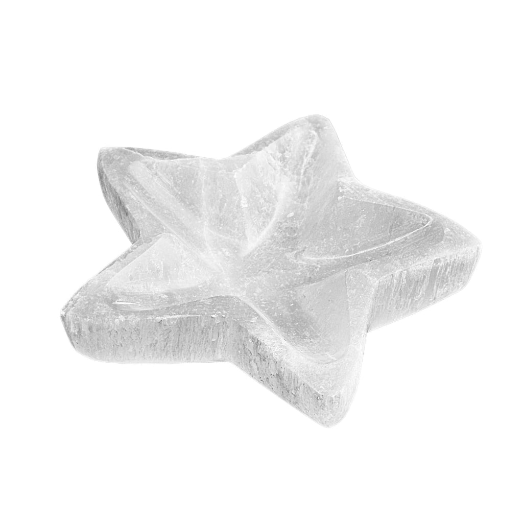 Ciotola in selenite, a forma di stella, 9x9x3 cm, realizzata a mano