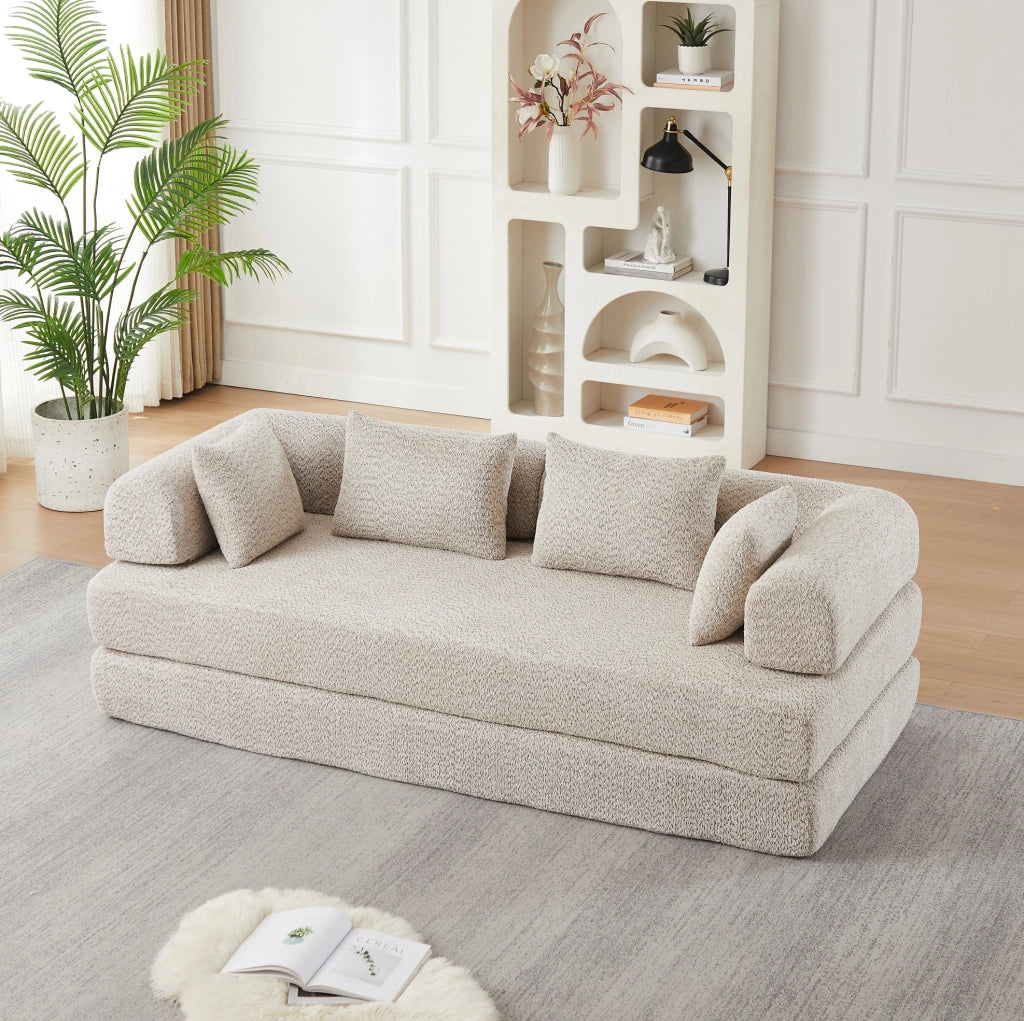 Divano letto modulare 4 in 1 in ciniglia beige con 4 cuscini