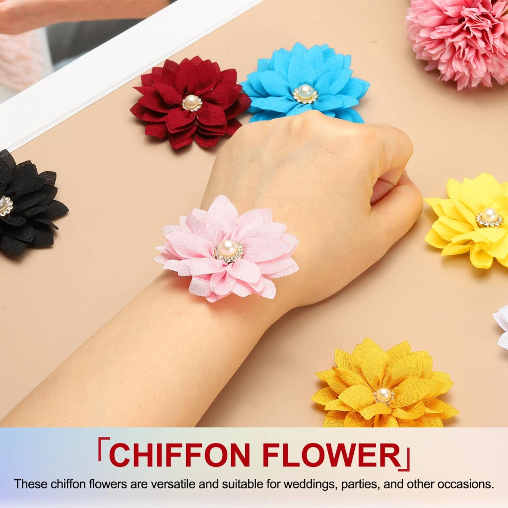 6 fiori in chiffon con strass, confezione da 6 pezzi, colore giallo chiaro, dimensioni 6 cm