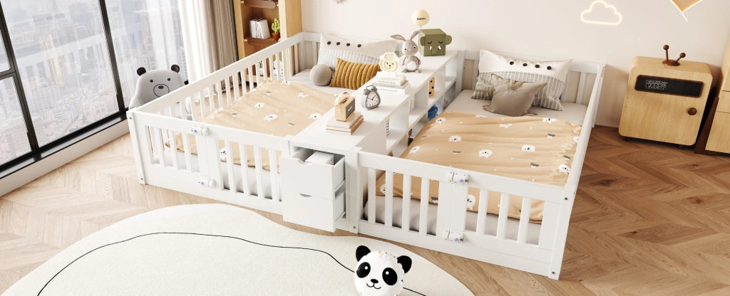 Letto a castello in legno 90x200 cm con cassetti e scaffali doppi, struttura robusta con sponde di sicurezza bianche per bambini